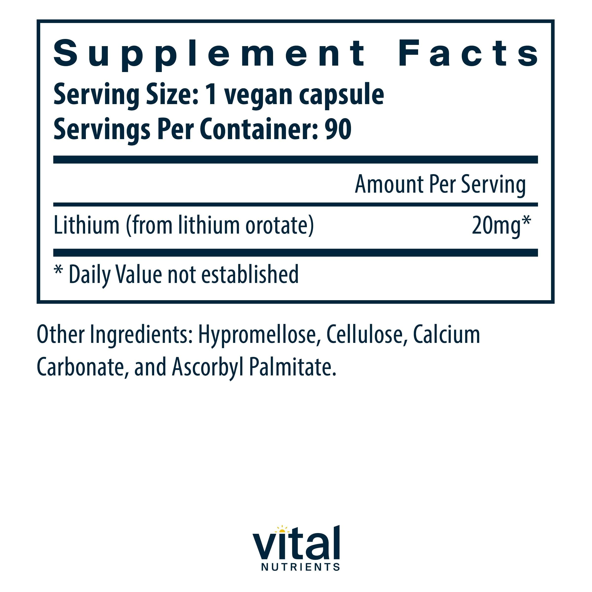 Vital Nutrients Lithium Orotate 20mg label highlights allergen-free claims and ingredients.
