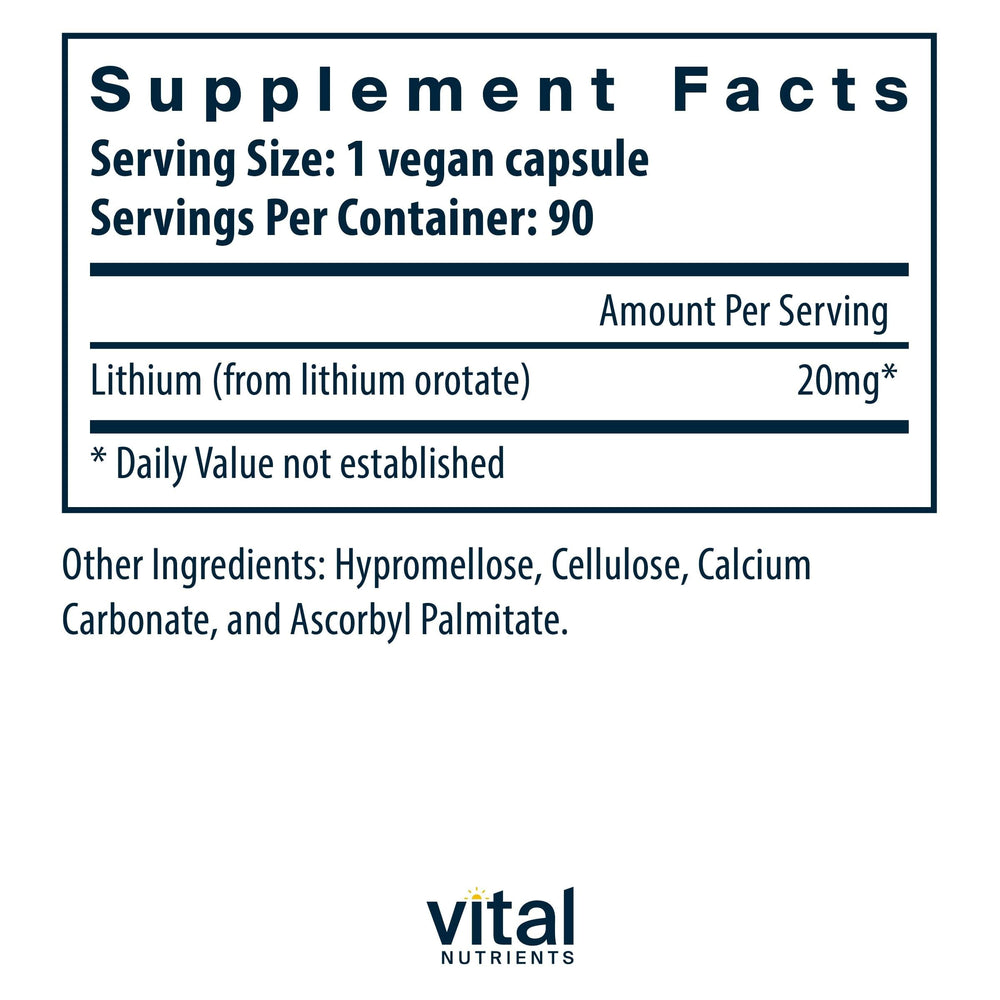 Vital Nutrients Lithium Orotate 20mg label highlights allergen-free claims and ingredients.