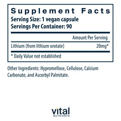 Vital Nutrients Lithium Orotate 20mg label highlights allergen-free claims and ingredients.