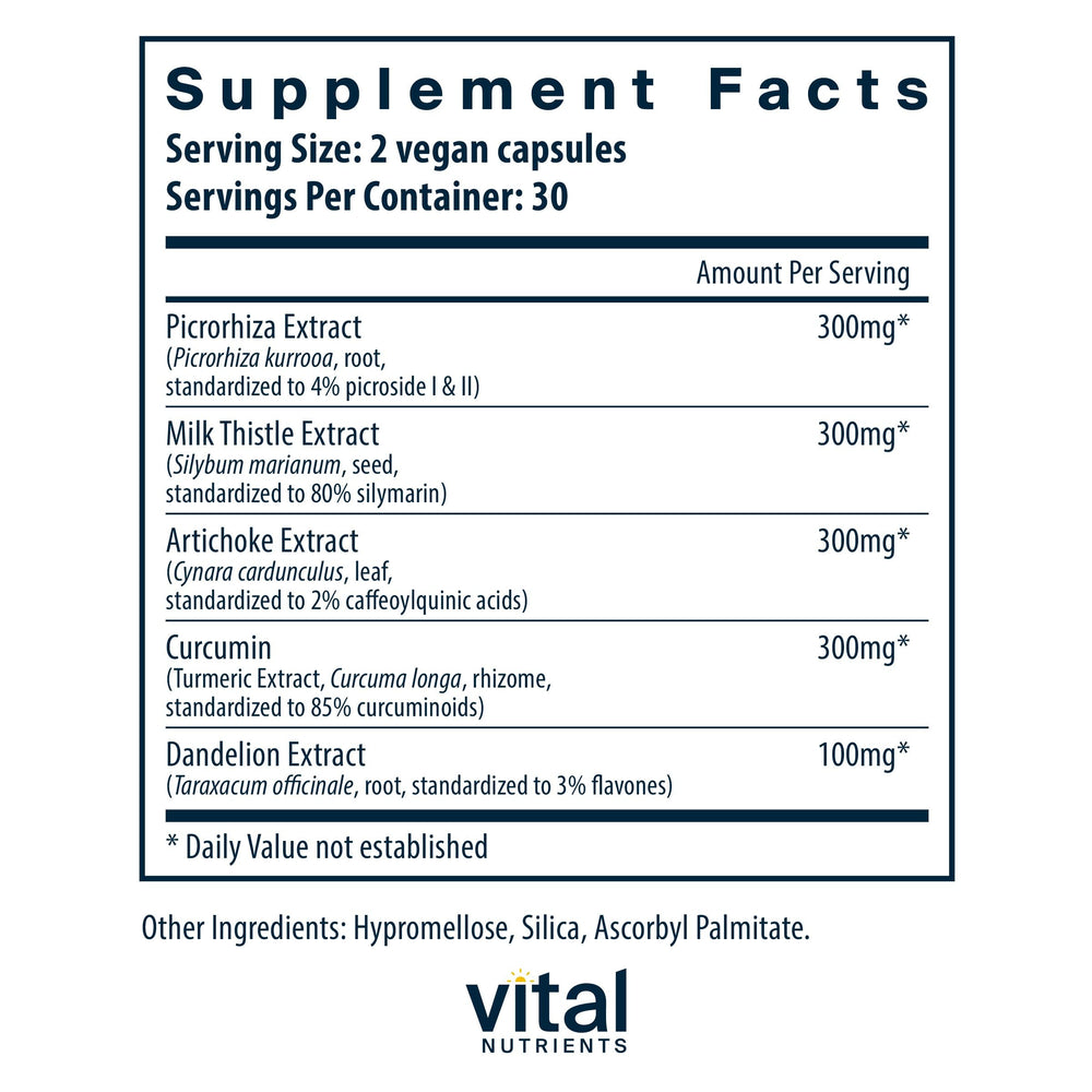 Vital Nutrients Liver Support II bottle label highlights milk thistle and curcumin for liver support
