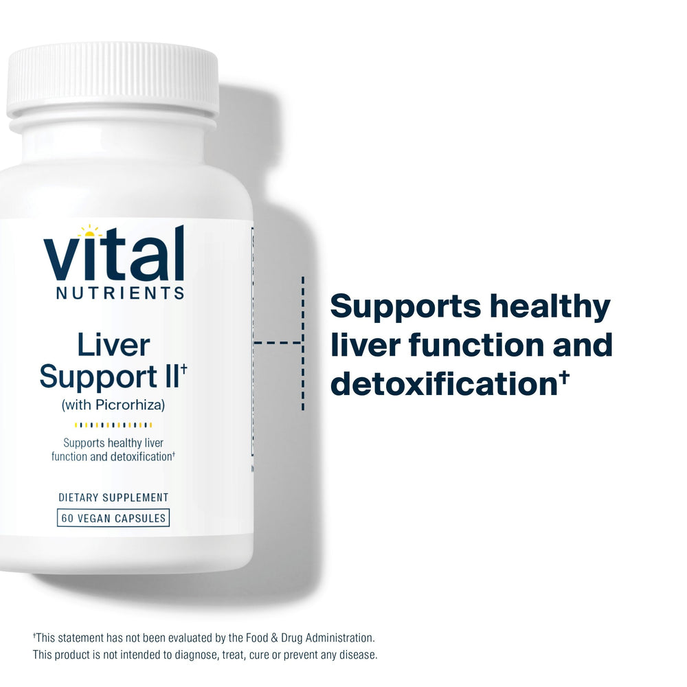Vital Nutrients Liver Support II allergen-free claim visuals reassure gluten, dairy, and soy free