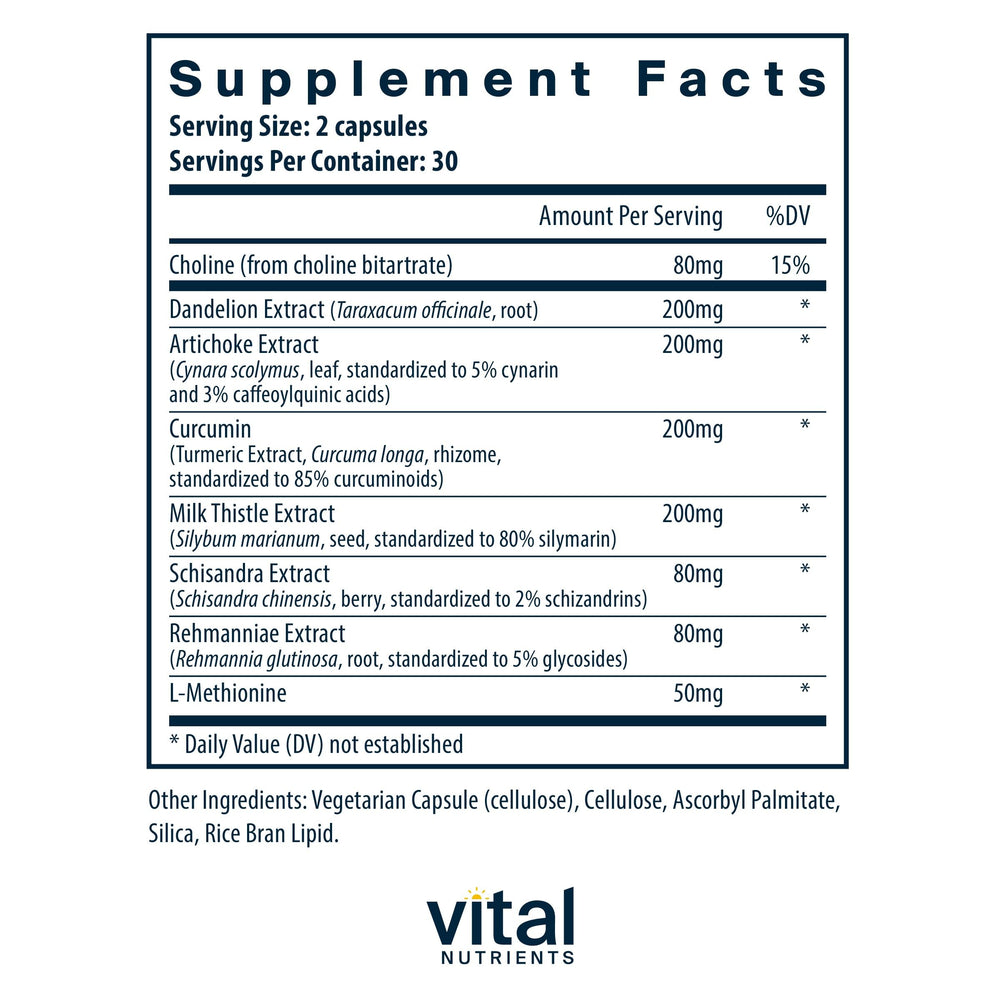 Vital Nutrients Liver Support ingredients chart highlighting key botanicals.