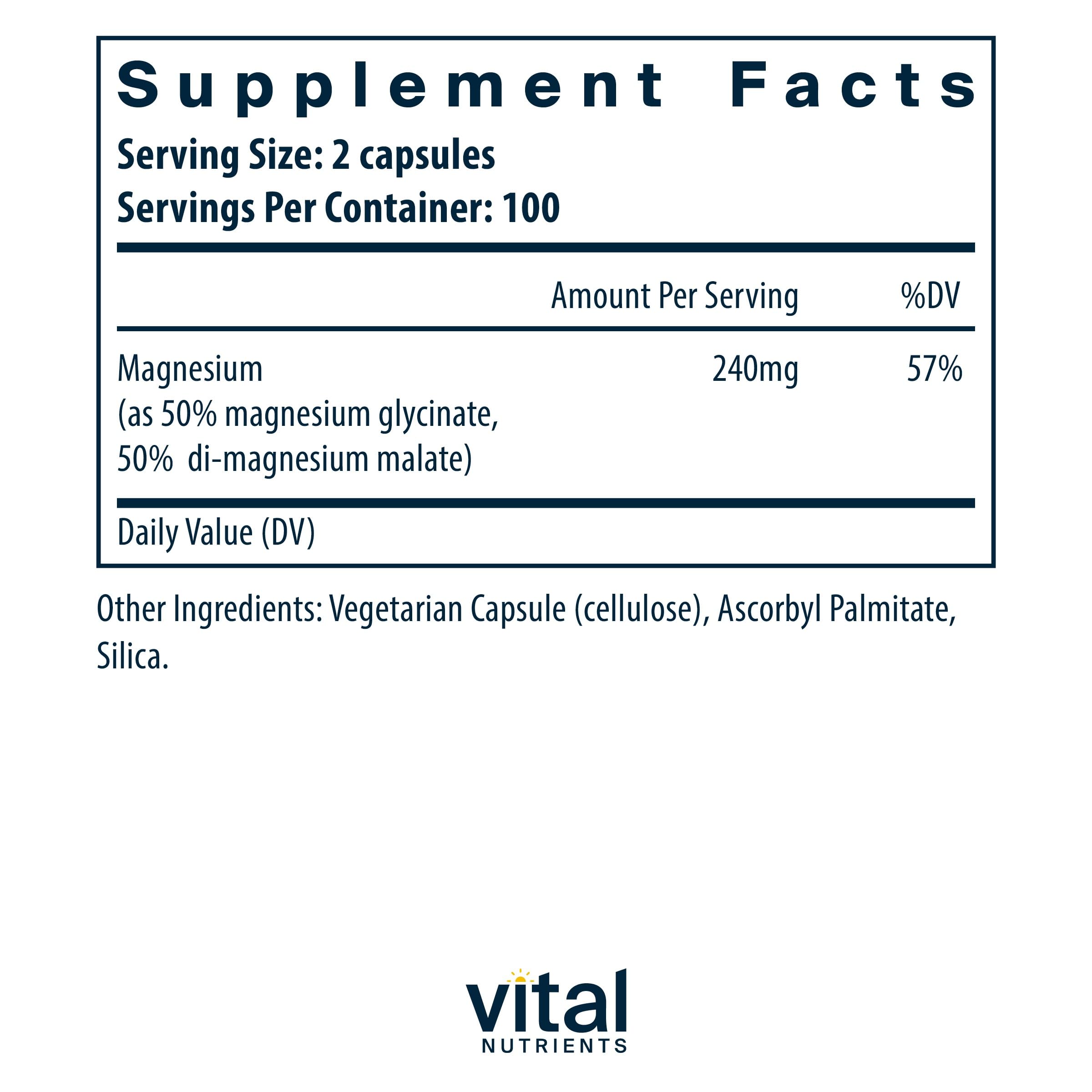 Vital Nutrients magnesium capsules closeup showing easy-to-swallow pills