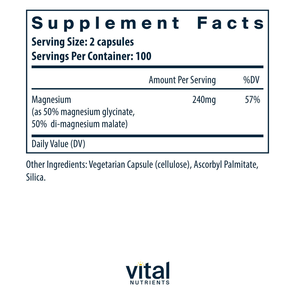 Vital Nutrients magnesium capsules closeup showing easy-to-swallow pills