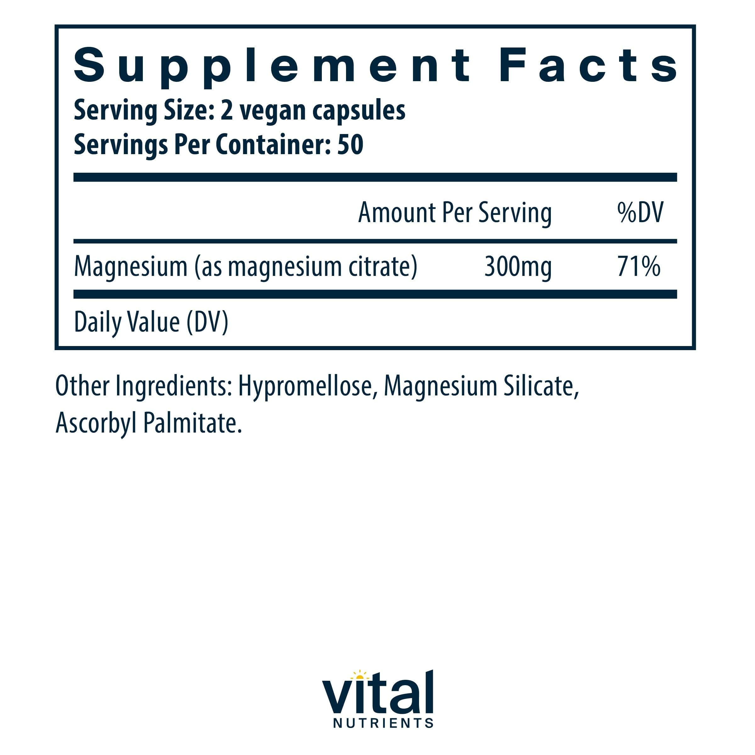 Vital Nutrients magnesium citrate capsules closeup showing gentle muscle relaxation support.
