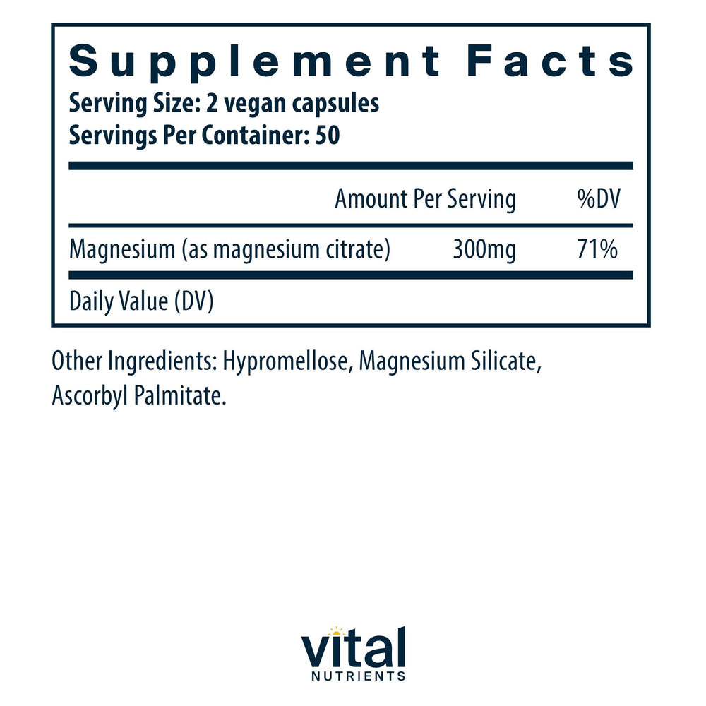 Vital Nutrients magnesium citrate capsules closeup showing gentle muscle relaxation support.