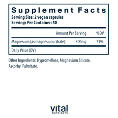 Vital Nutrients magnesium citrate capsules closeup showing gentle muscle relaxation support.