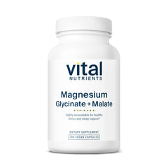 Vital Nutrients Magnesium Glycinate + Malate bottle, front view, for daily relaxation.