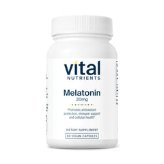 Vital Nutrients Melatonin 20mg bottle shows vegan sleep support for nighttime calm.