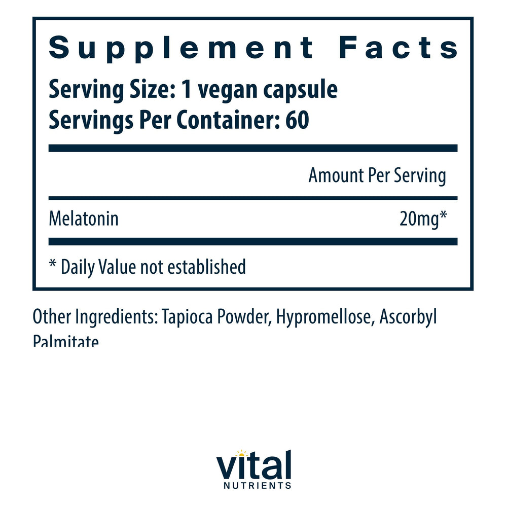 Vital Nutrients Melatonin label emphasizes gluten-free, non-GMO formula for clean use.