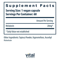 Vital Nutrients Melatonin label emphasizes gluten-free, non-GMO formula for clean use.