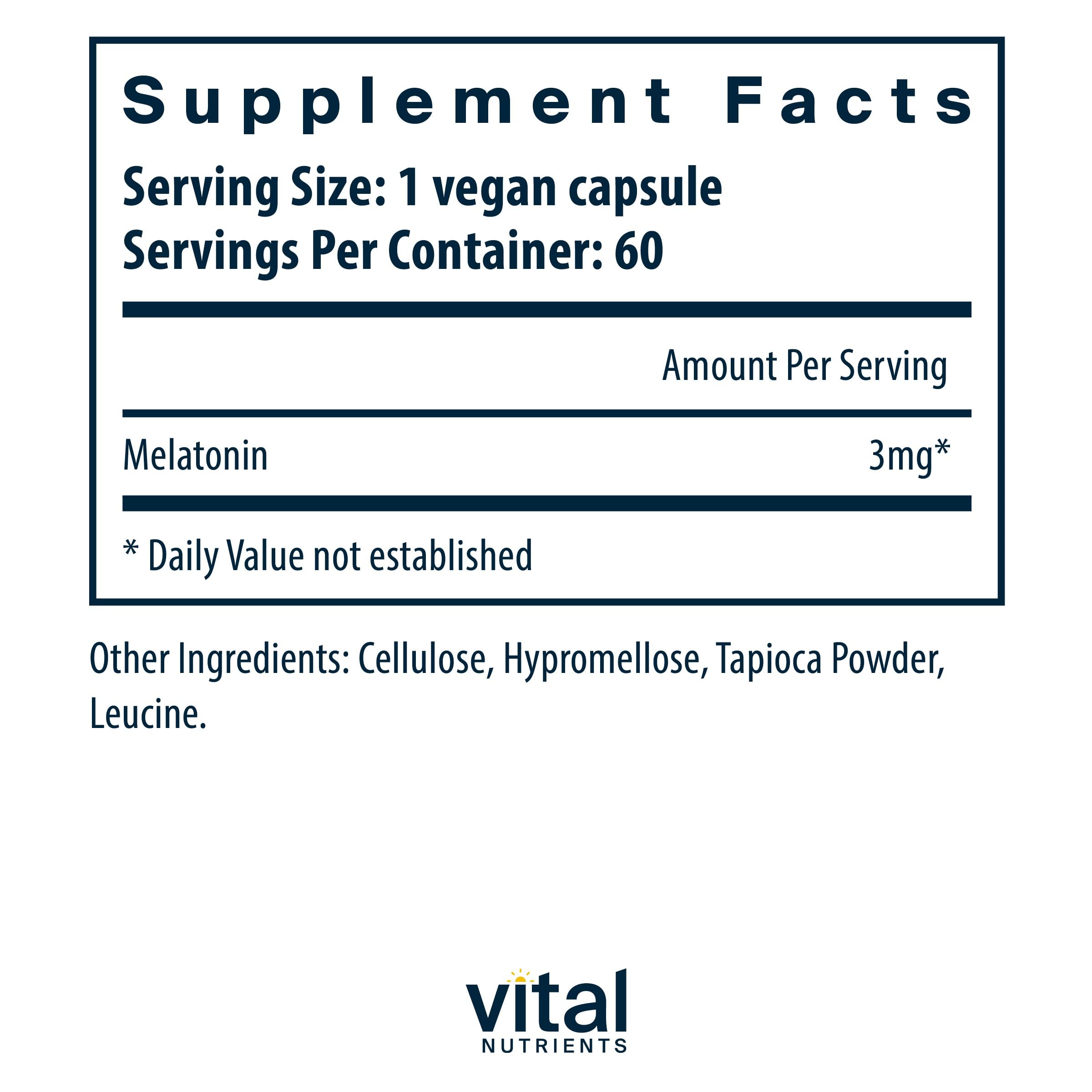 Vital Nutrients Melatonin 3mg capsules for easy nightly dosing.