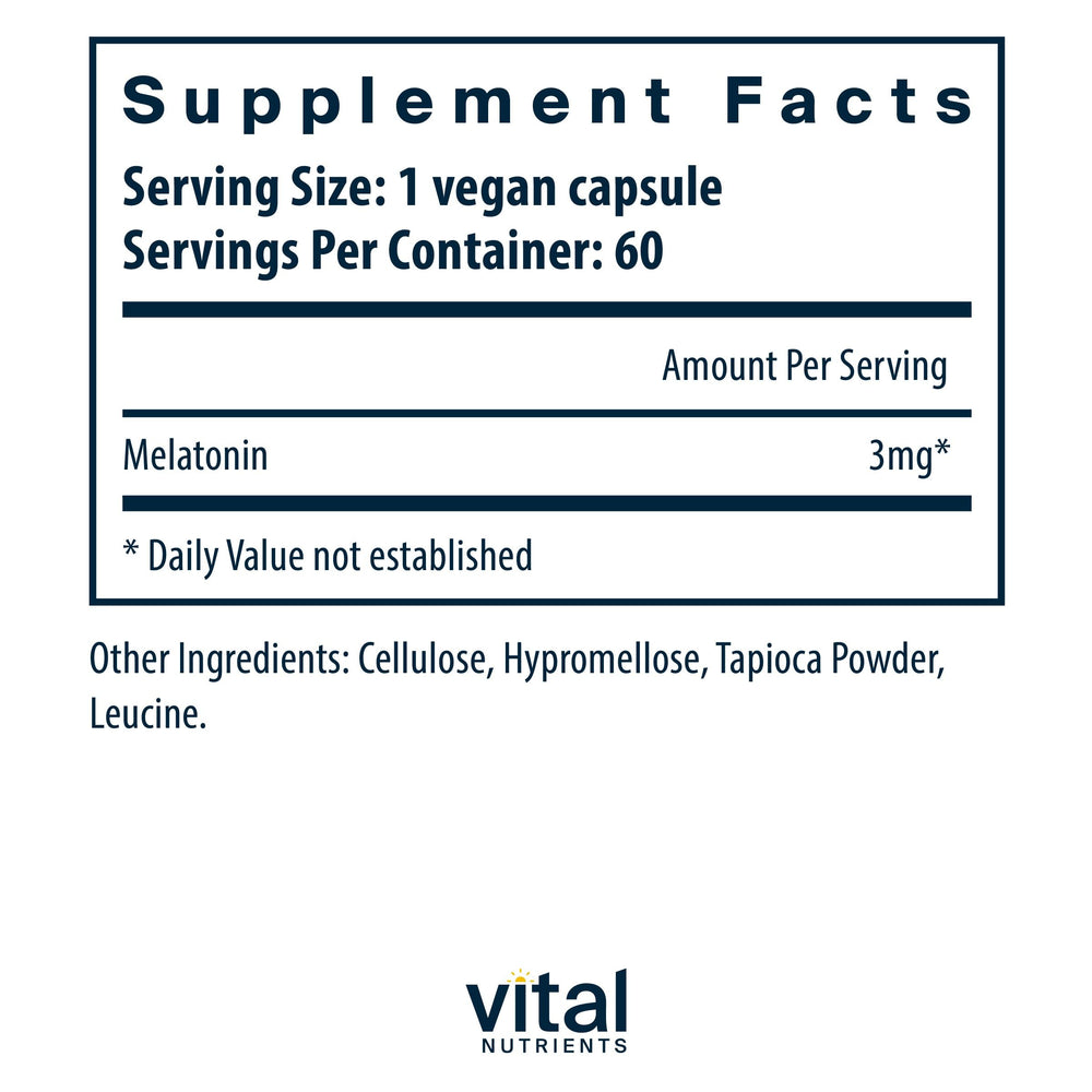 Vital Nutrients Melatonin 3mg capsules for easy nightly dosing.