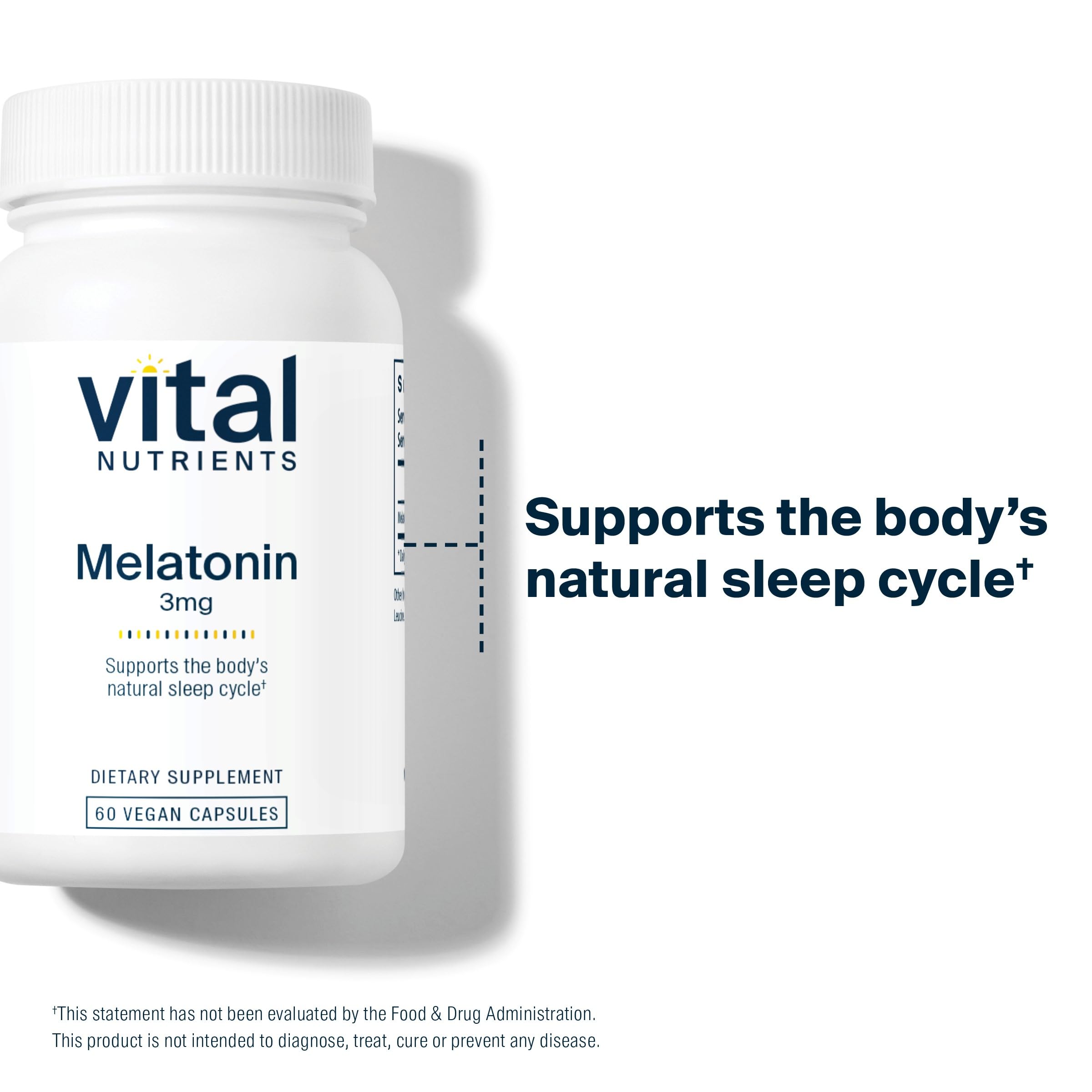 Vital Nutrients Melatonin 3mg packaging indicating quality and allergen-free assurance.