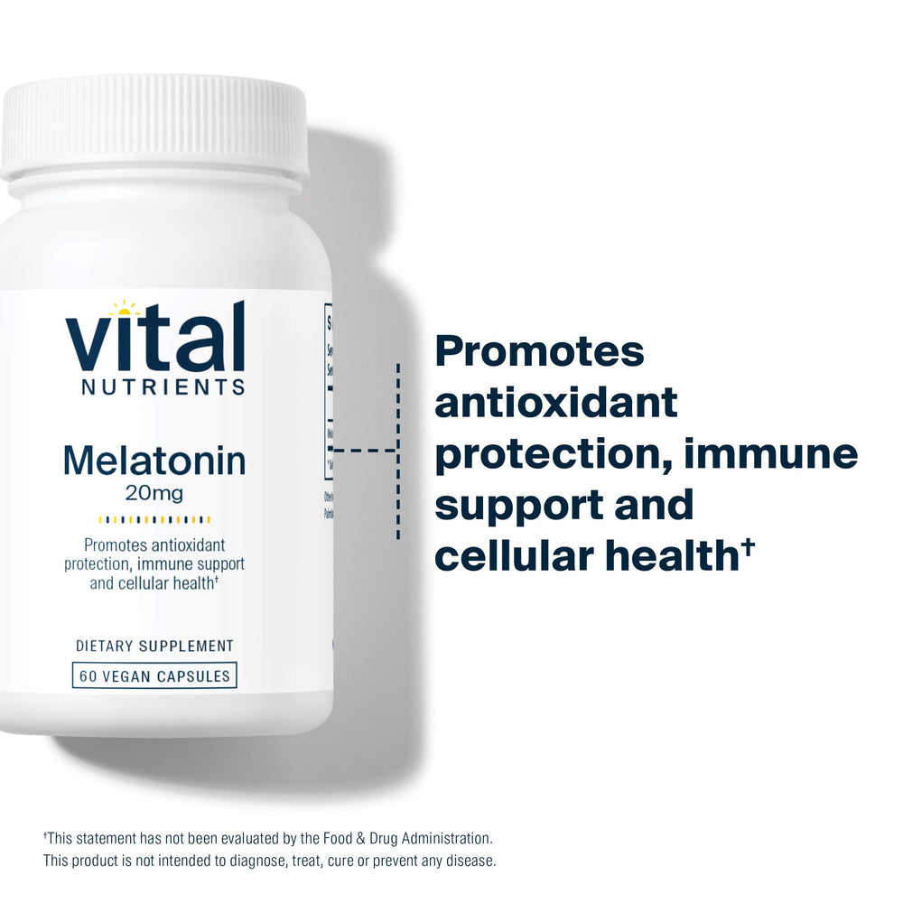 Vital Nutrients Melatonin packaging demonstrates gluten-free, dairy-free benefits for sensitive diets.