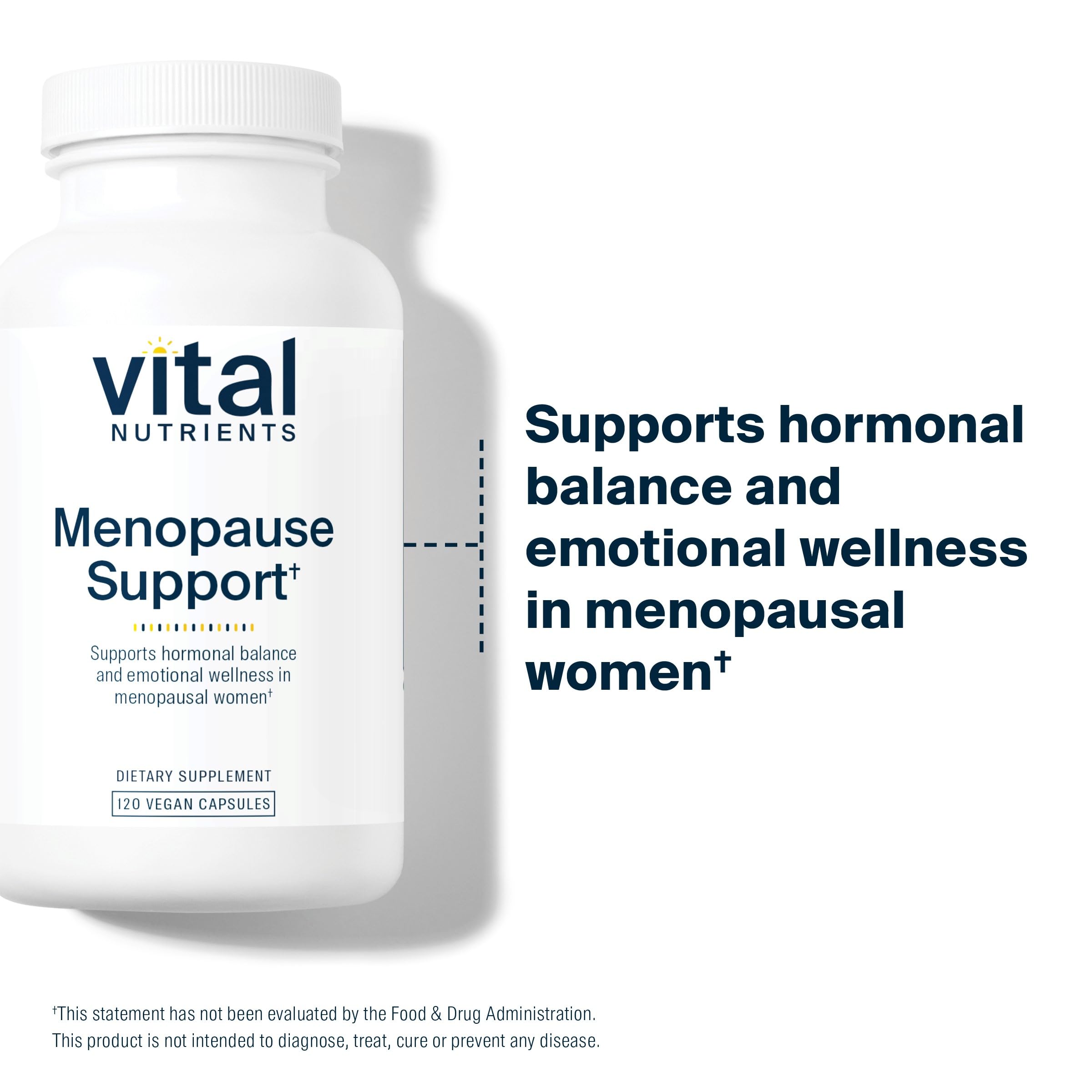 Vital Nutrients Menopause Support label closeup highlights herbal blend and ingredients.