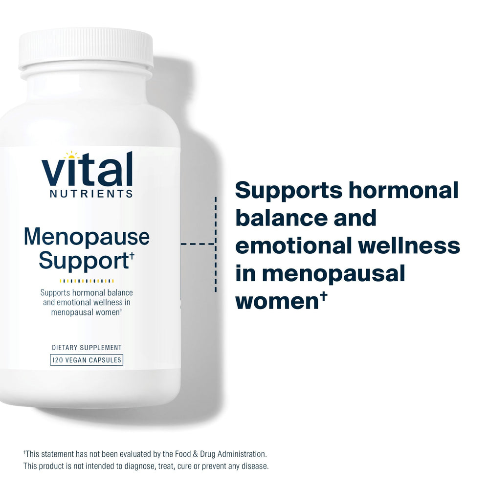 Vital Nutrients Menopause Support label closeup highlights herbal blend and ingredients.