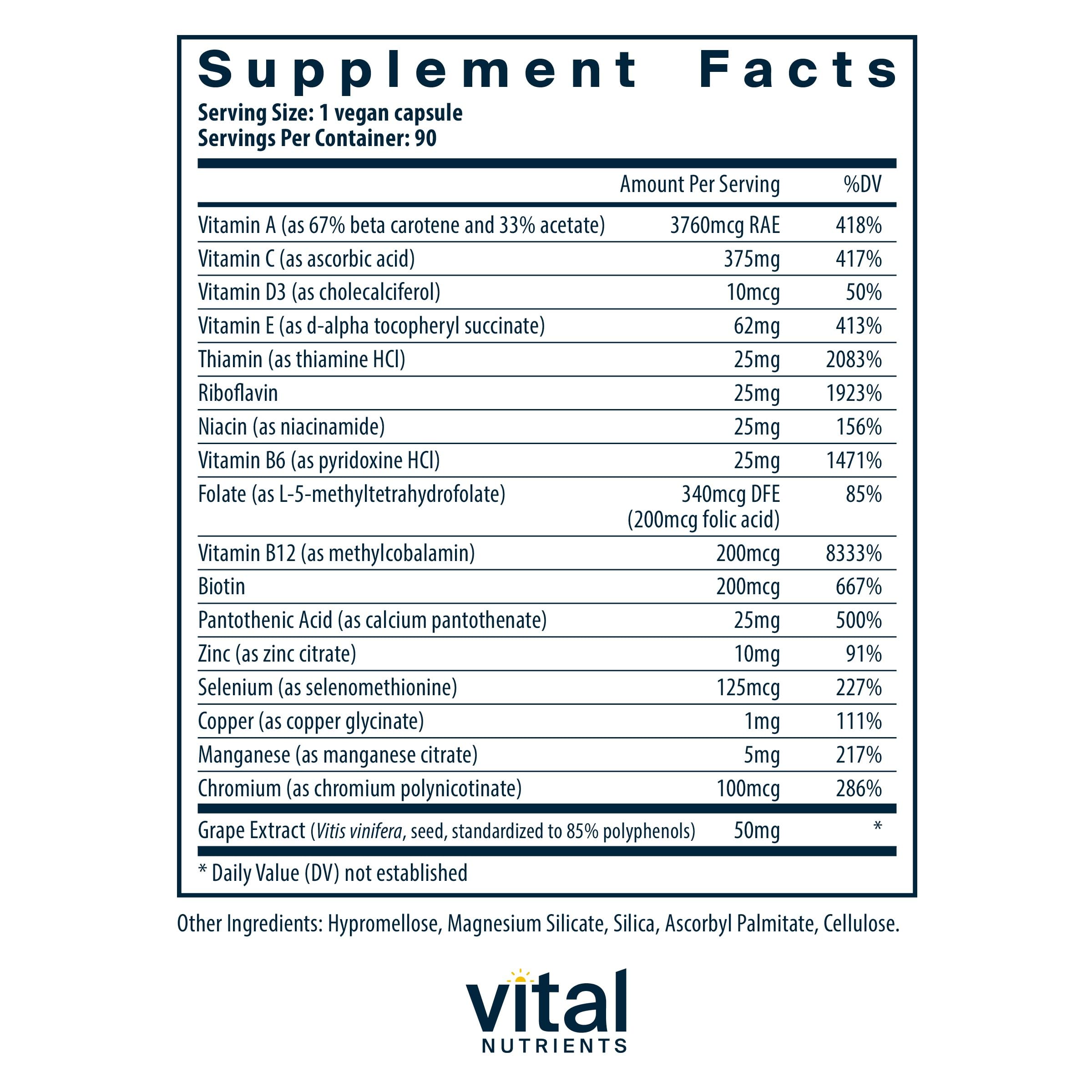 Vital Nutrients Minimal and Essential bottle side view highlighting compact daily supplement.