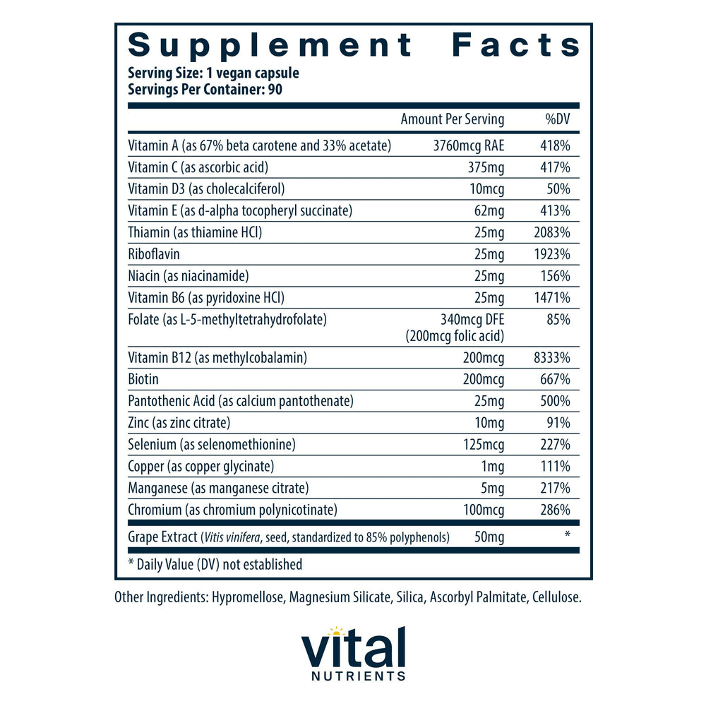 Vital Nutrients Minimal and Essential bottle side view highlighting compact daily supplement.