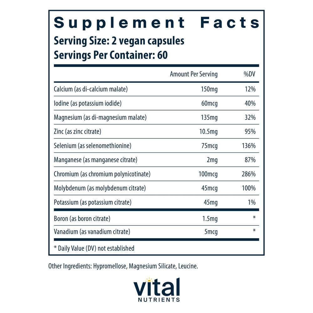 Vital Nutrients Multi-Minerals capsules closeup highlighting easy-to-digest minerals