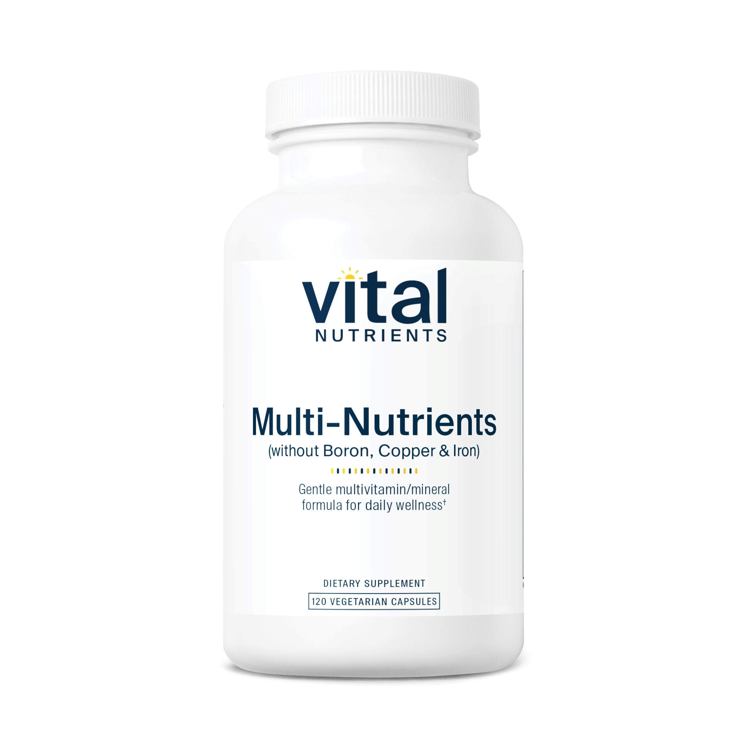 Vital Nutrients Multi-Nutrients 5 bottle label highlights vegetarian, allergen-free daily support.