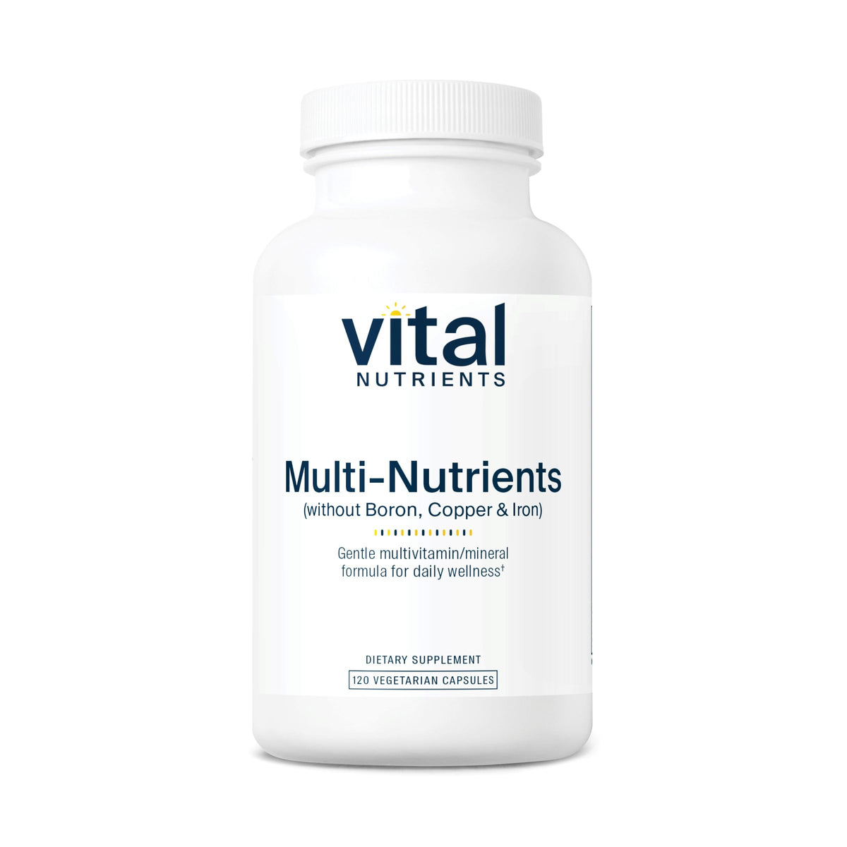 Vital Nutrients Multi-Nutrients 5 bottle label highlights vegetarian, allergen-free daily support.