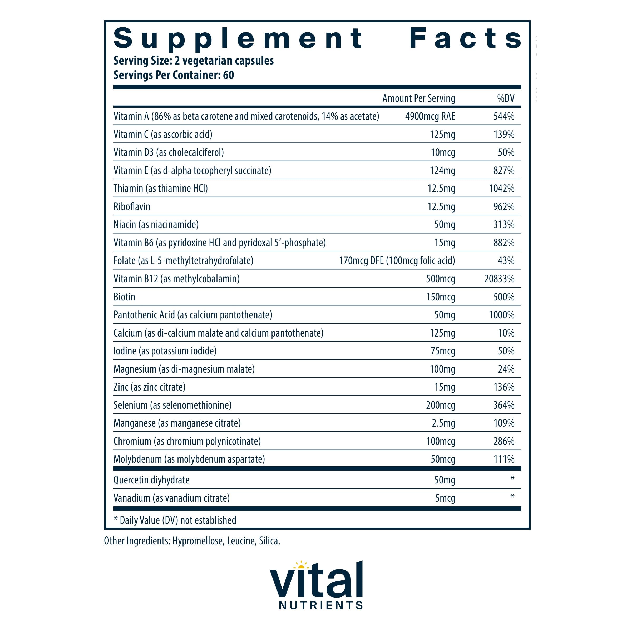 Vital Nutrients Multi-Nutrients 5 capsules closeup emphasizing methylated vitamins.