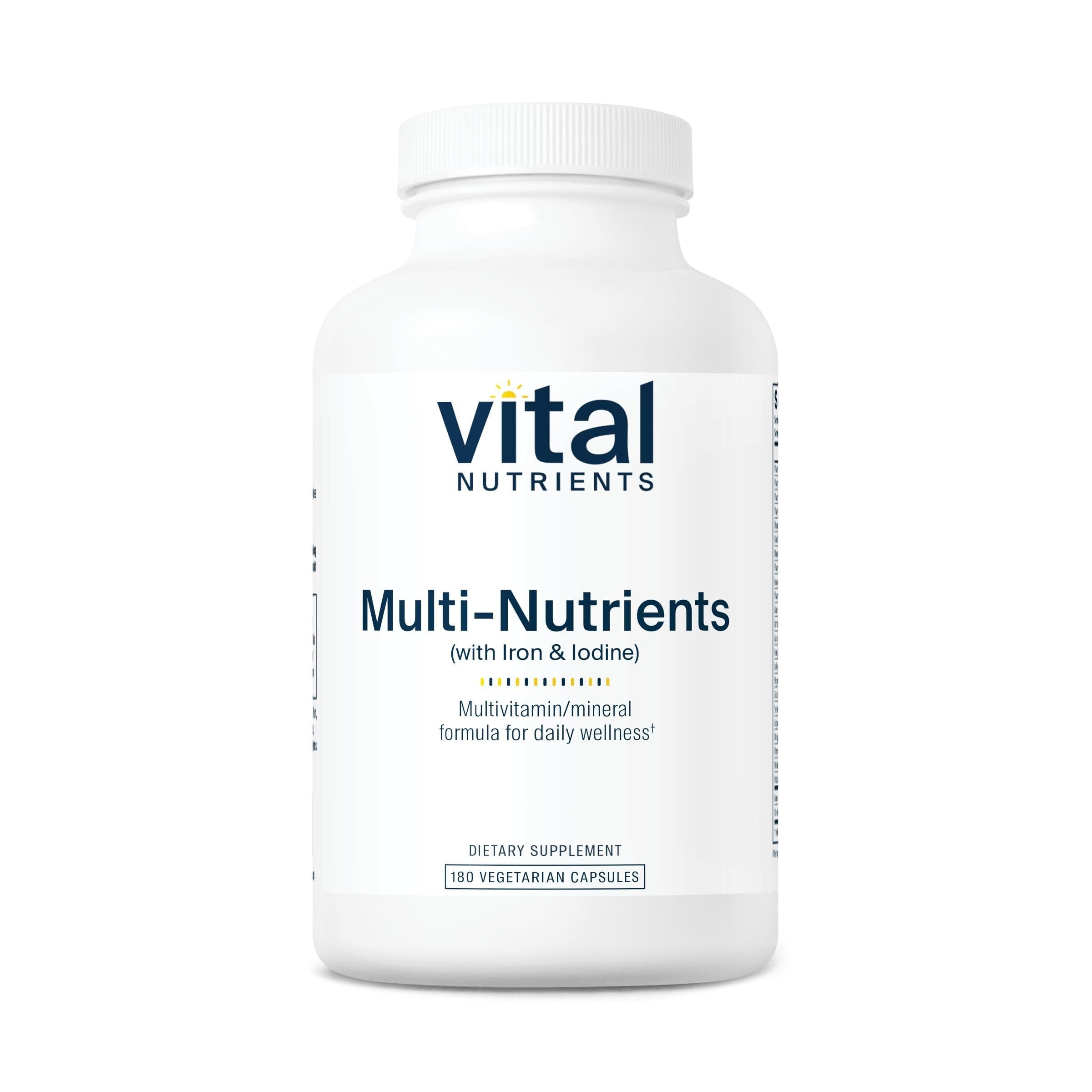 Vital Nutrients Multi-Nutrients bottle showing iron and iodine, daily wellness support