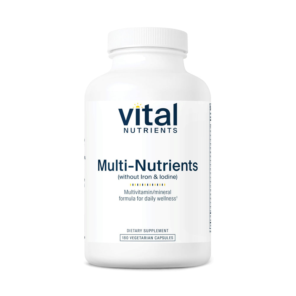 Vital Nutrients Multi-Nutrients no iron bottle front, convenient daily wellness support.