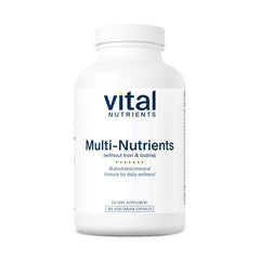 Vital Nutrients Multi-Nutrients no iron bottle front, convenient daily wellness support.