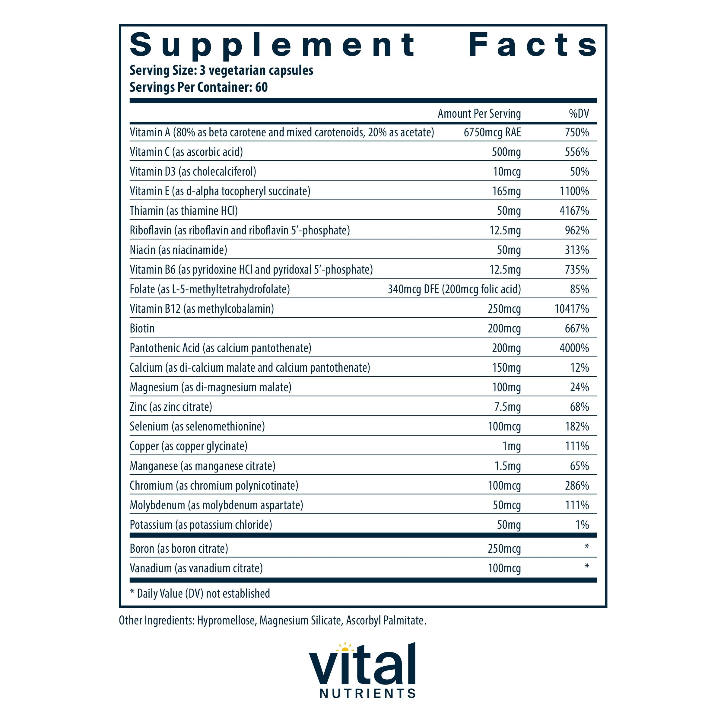 Vital Nutrients Multi-Nutrients capsules closeup, highlights methylated B vitamins for absorption.