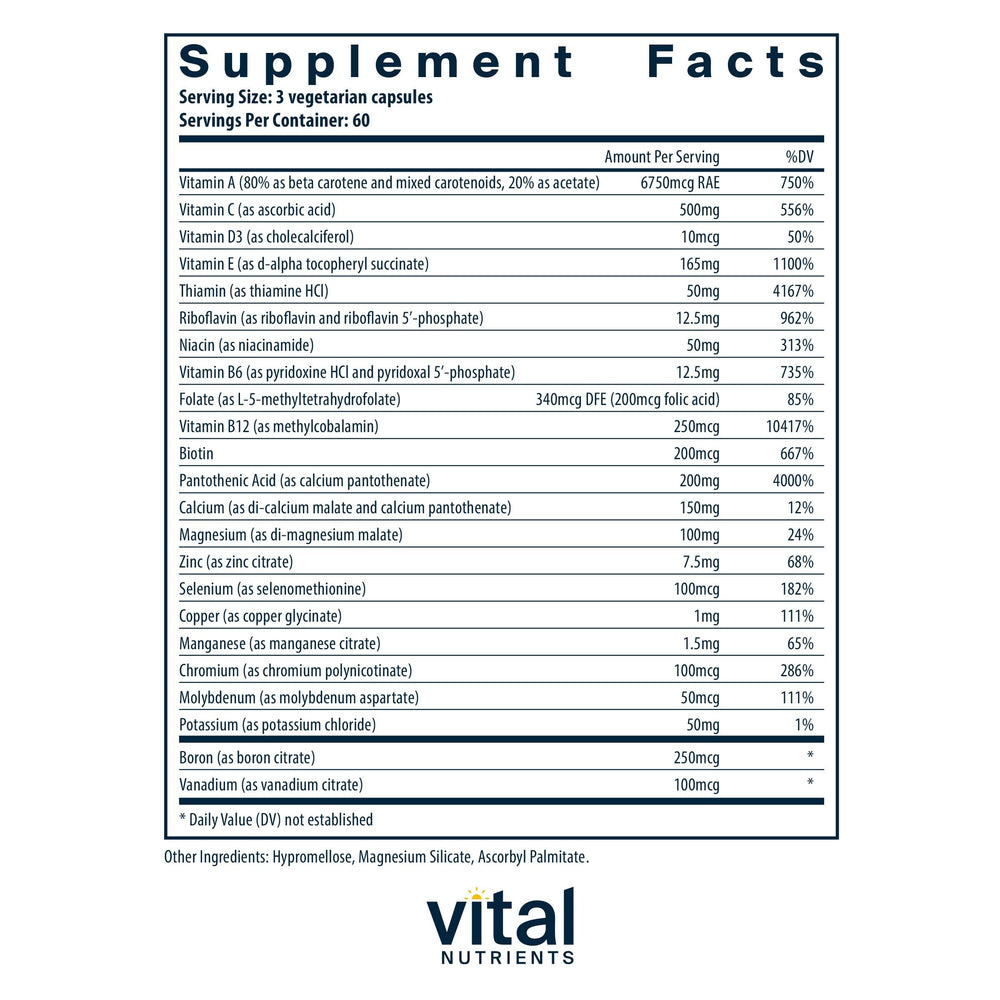 Vital Nutrients Multi-Nutrients capsules closeup, highlights methylated B vitamins for absorption.