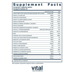 Vital Nutrients Multi-Nutrients capsules closeup, highlights methylated B vitamins for absorption.
