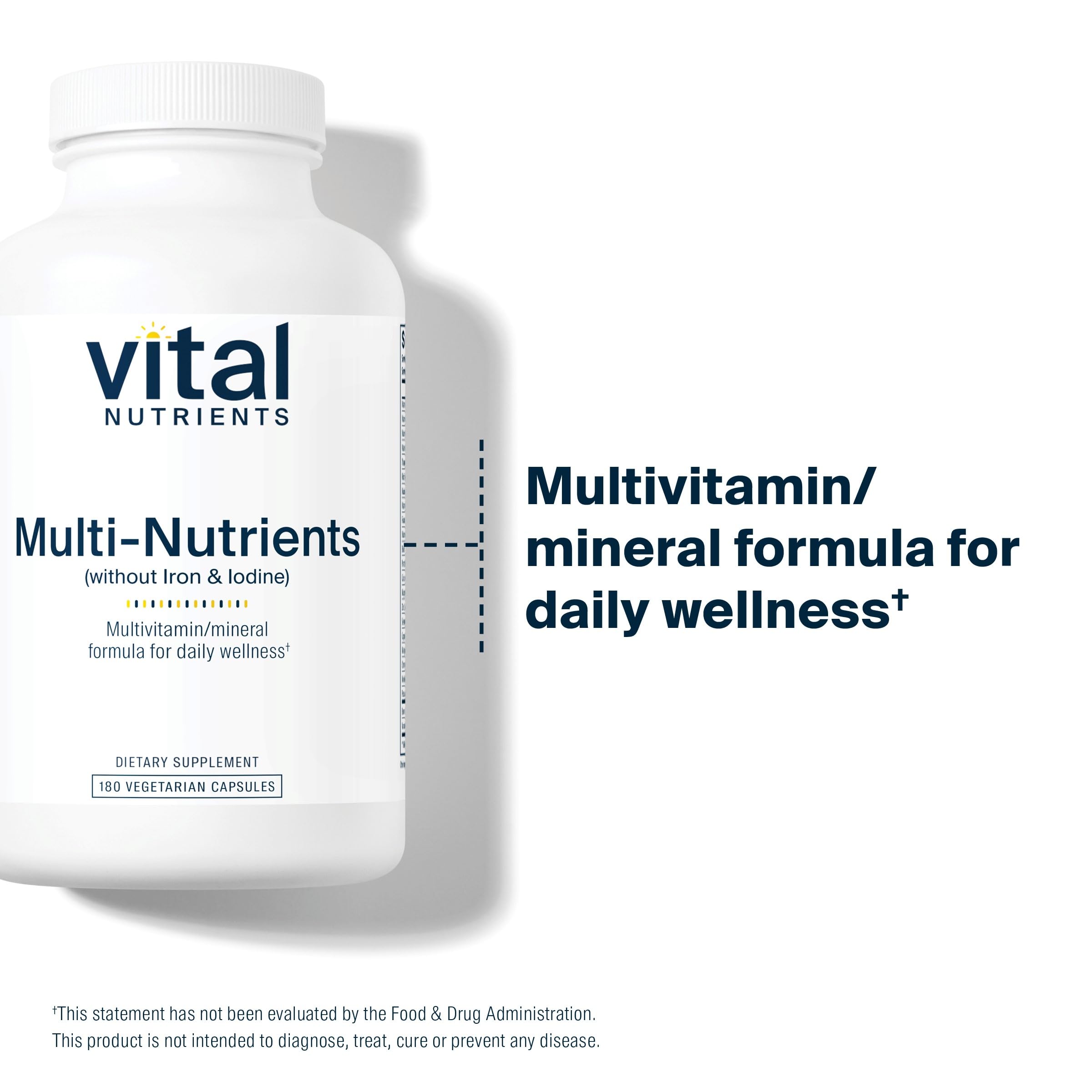 Vital Nutrients Multi-Nutrients label details, allergen-free formula with no iron or iodine.