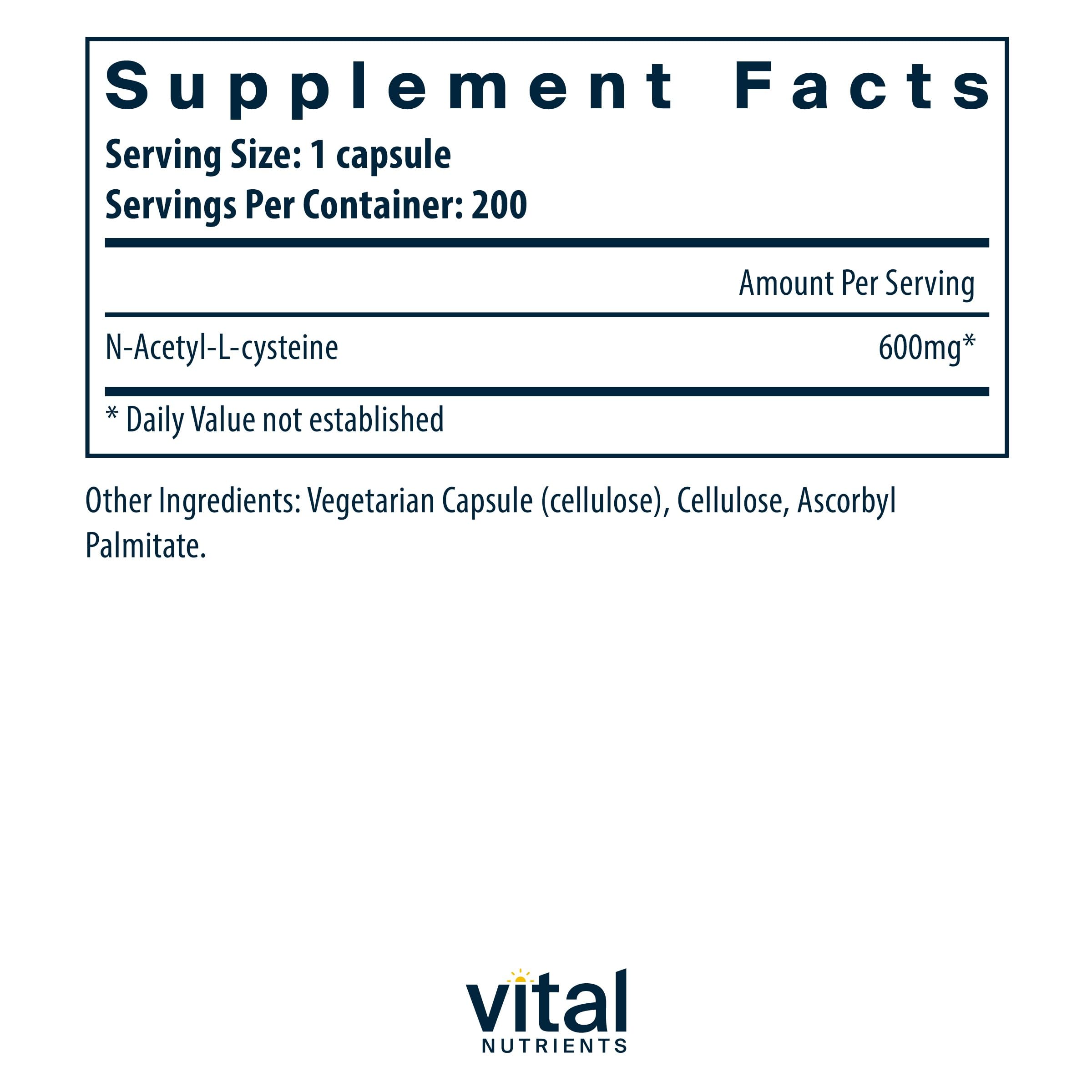 Vital Nutrients NAC 600mg capsules close-up highlighting vegan antioxidant dietary supplement.