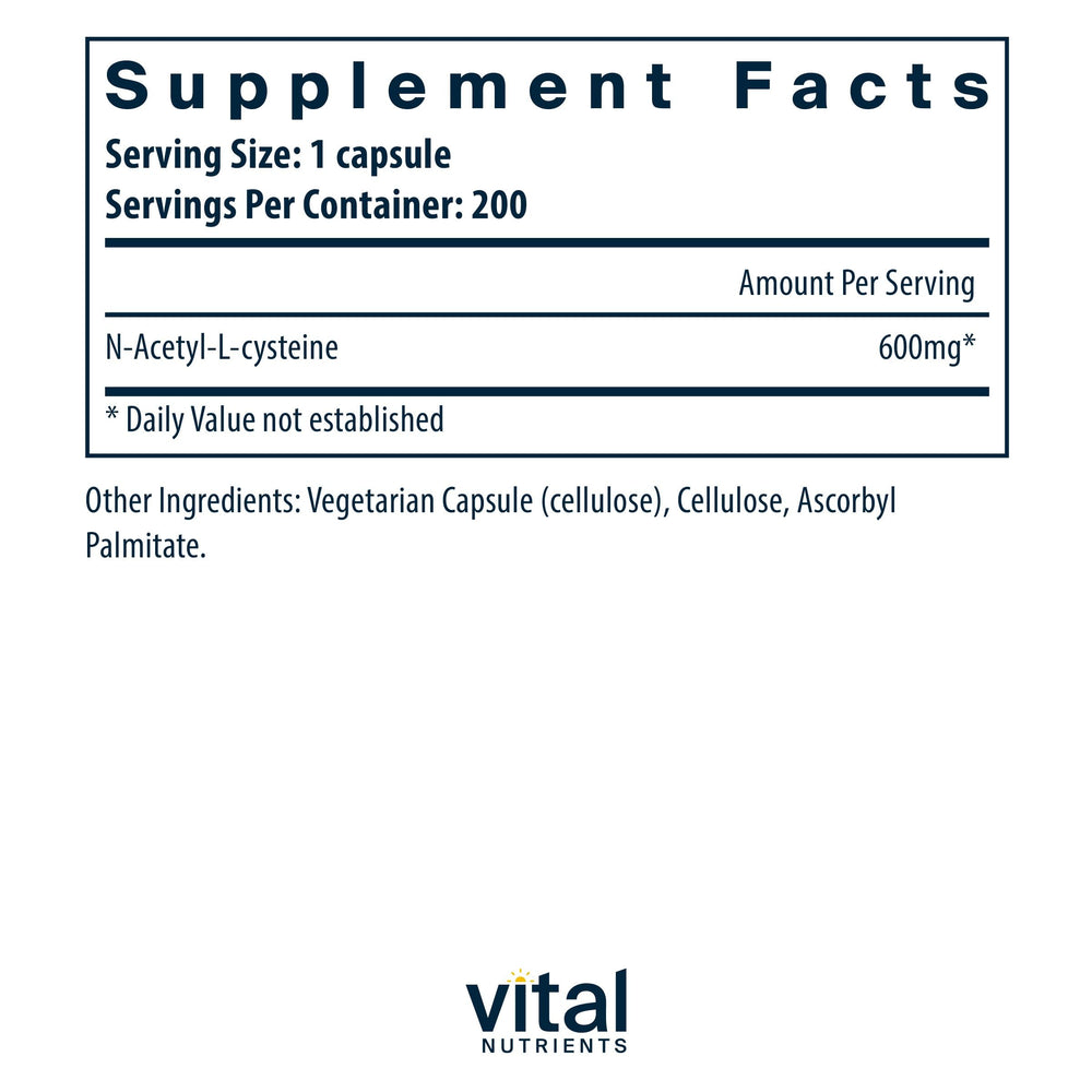 Vital Nutrients NAC 600mg capsules close-up highlighting vegan antioxidant dietary supplement.