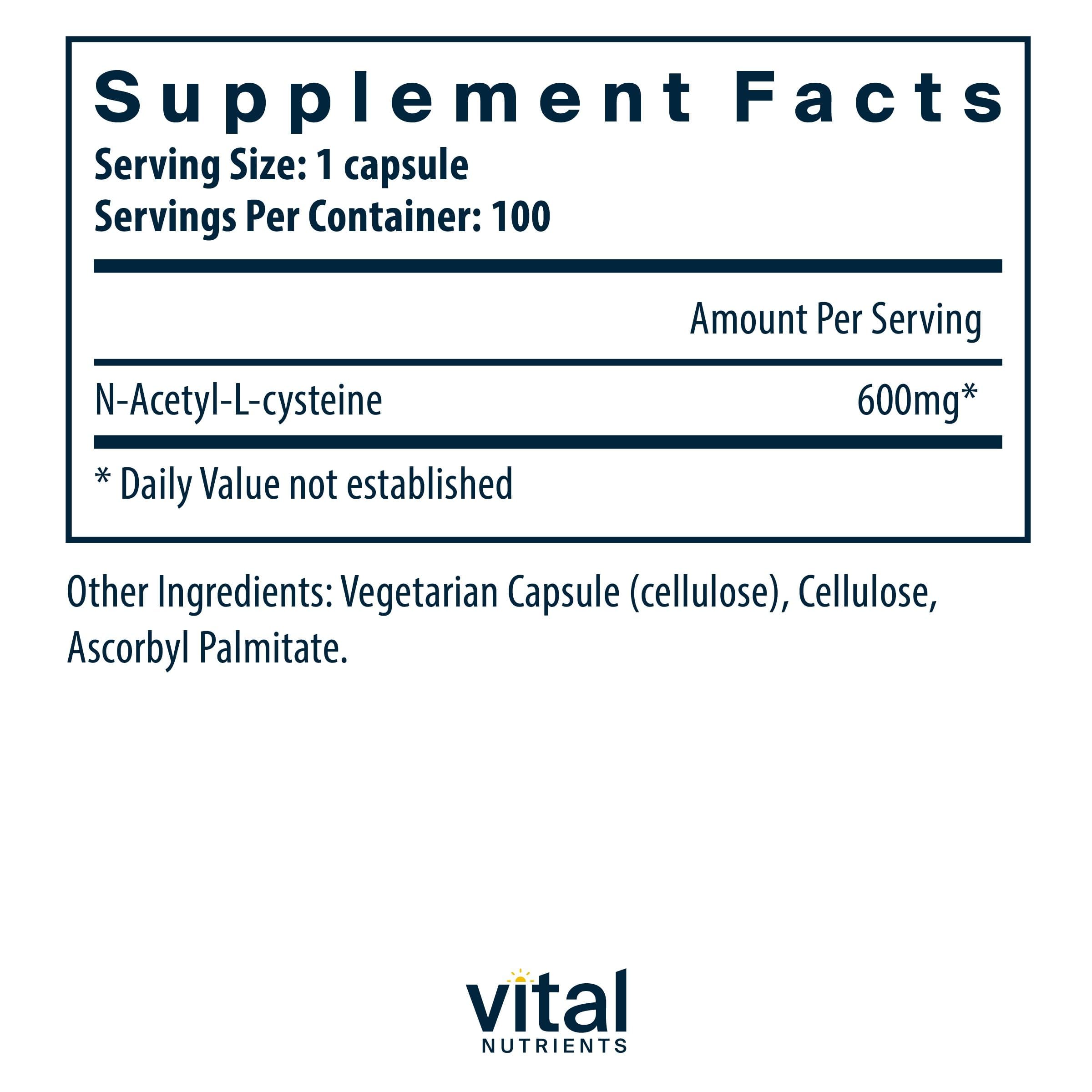 Vital Nutrients NAC 600mg capsules close-up showing smooth texture ideal for daily use