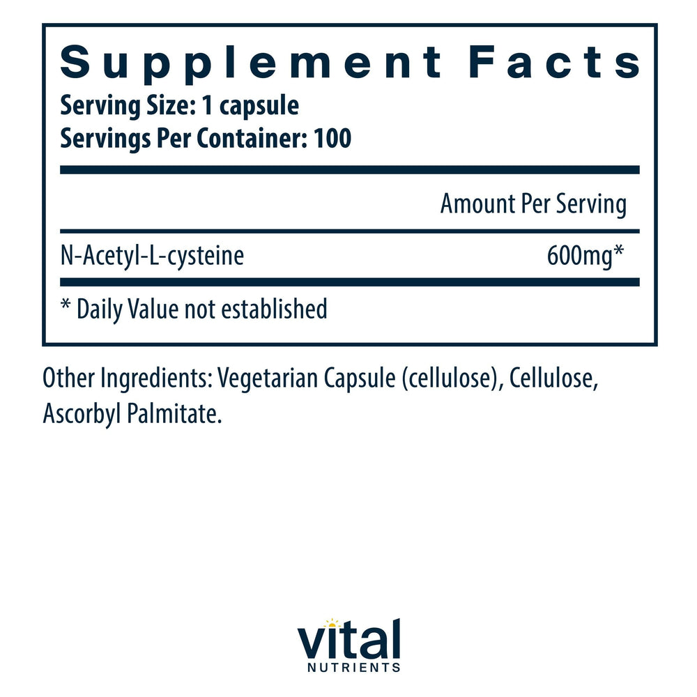 Vital Nutrients NAC 600mg capsules close-up showing smooth texture ideal for daily use