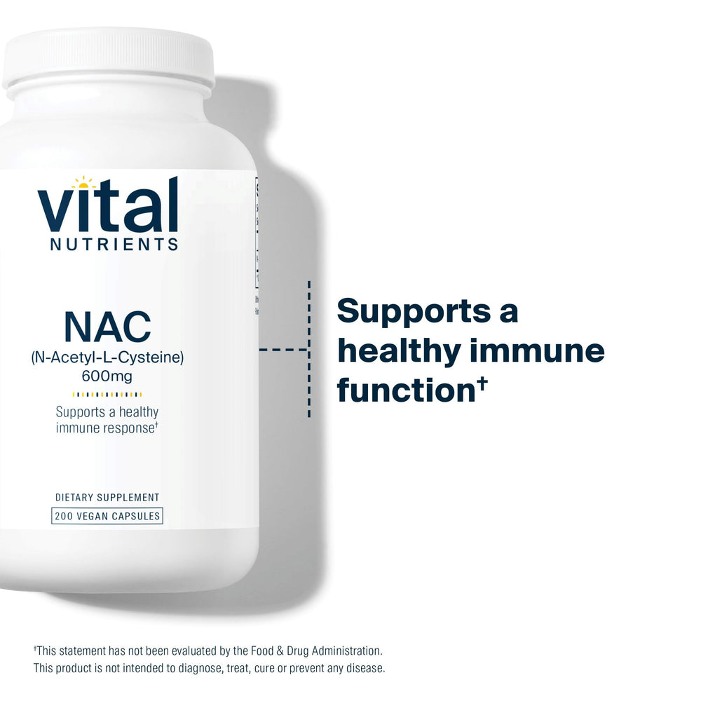Vital Nutrients NAC 600mg label confirms gluten-free and vegan formulation.