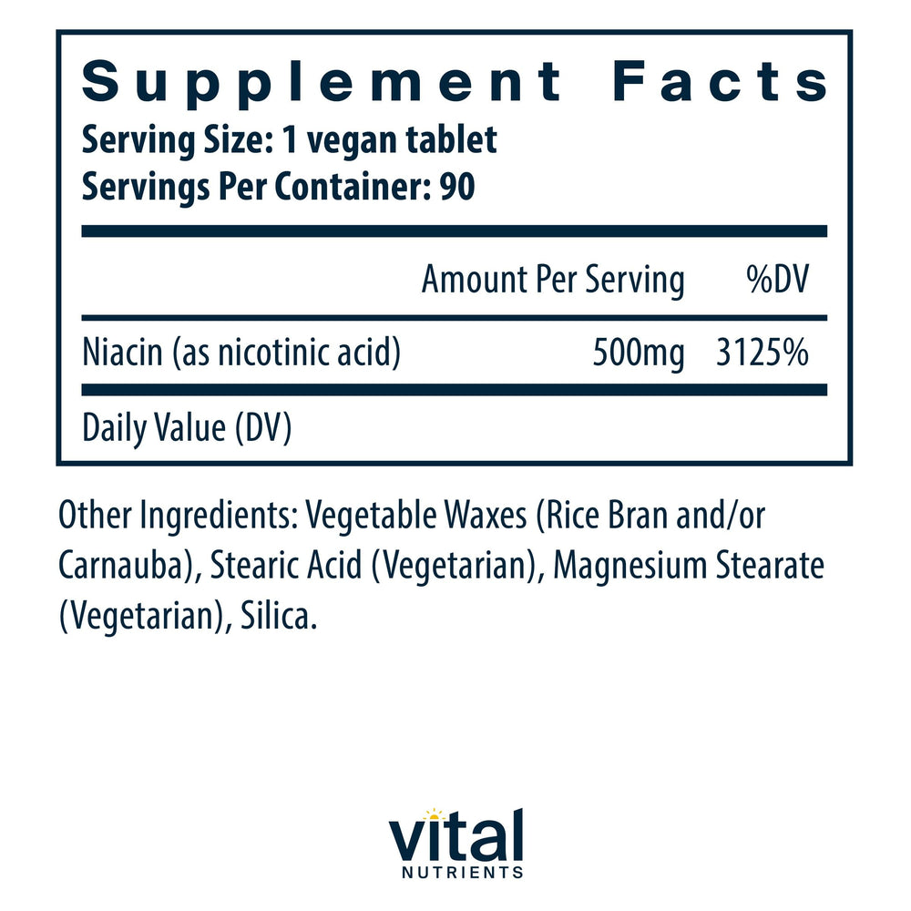 Vital Nutrients Niacin 500mg tablets close-up showing dosage and form.