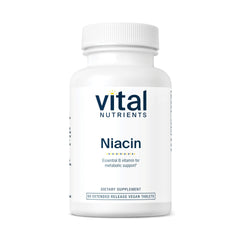 Vital Nutrients Niacin 500mg timed-release bottle for steady energy support.