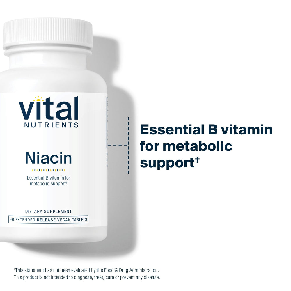 Vital Nutrients Niacin bottle label front highlights vegan, gluten-free formulation for clean nutrition.