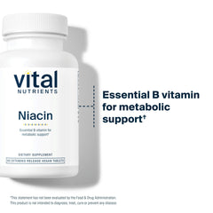 Vital Nutrients Niacin bottle label front highlights vegan, gluten-free formulation for clean nutrition.