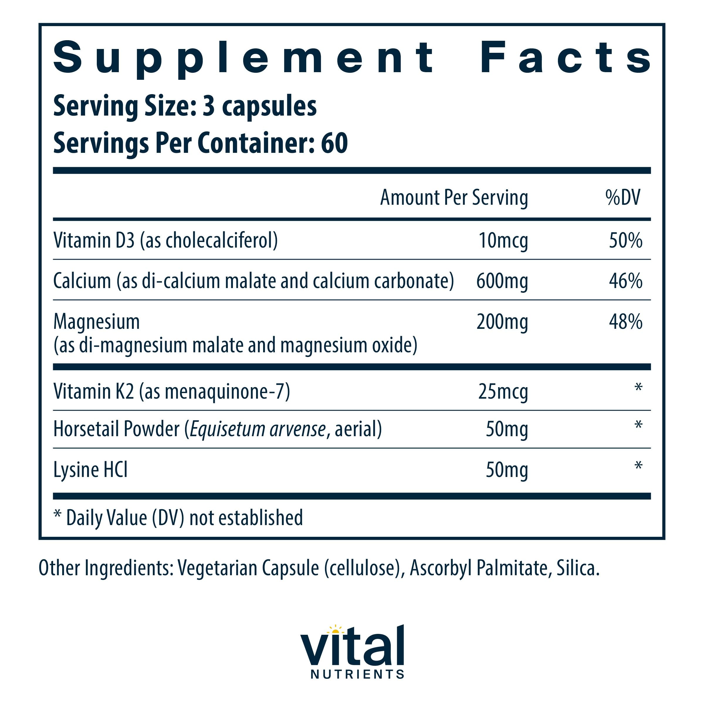 Vital Nutrients Osteo-Nutrients bottle back label with K2-7, D3, calcium, and magnesium.