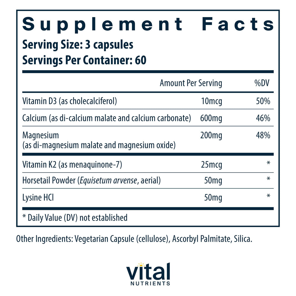Vital Nutrients Osteo-Nutrients bottle back label with K2-7, D3, calcium, and magnesium.
