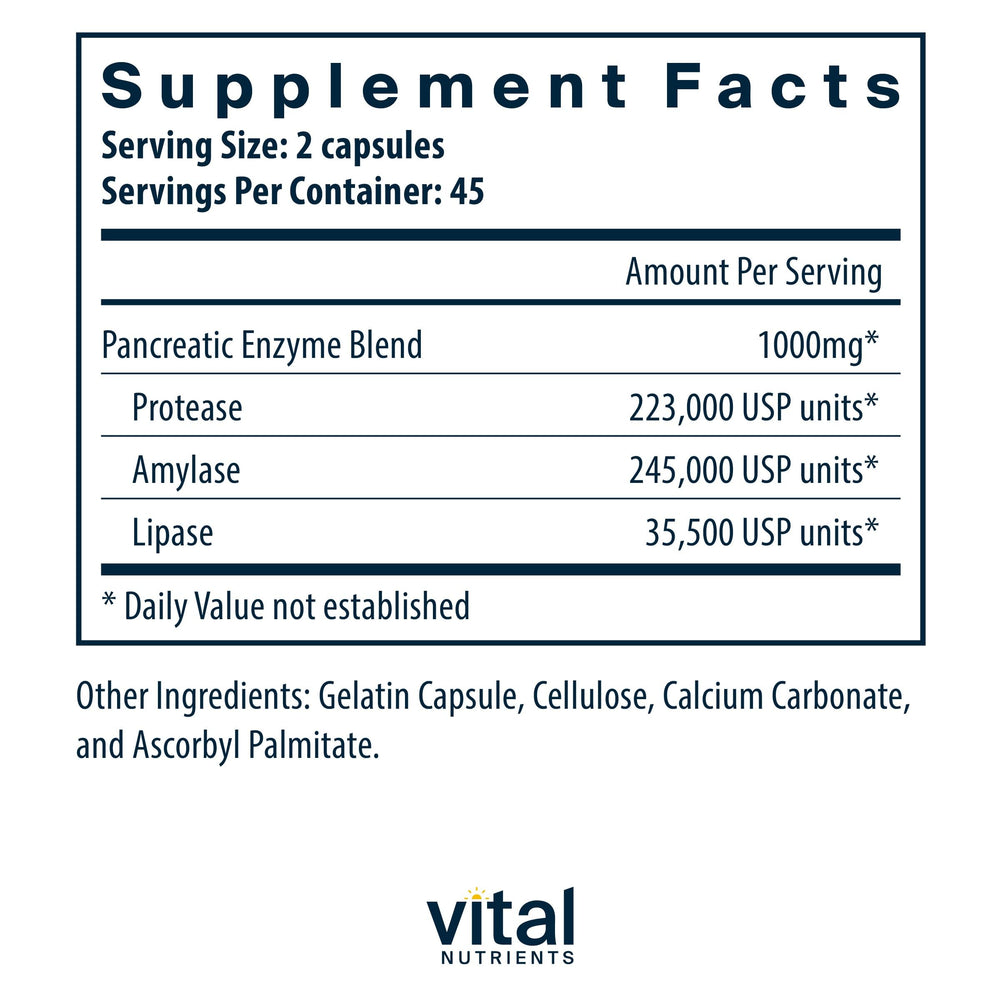 Vital Nutrients Pancreatic Enzymes capsule close-up for full-strength digestion