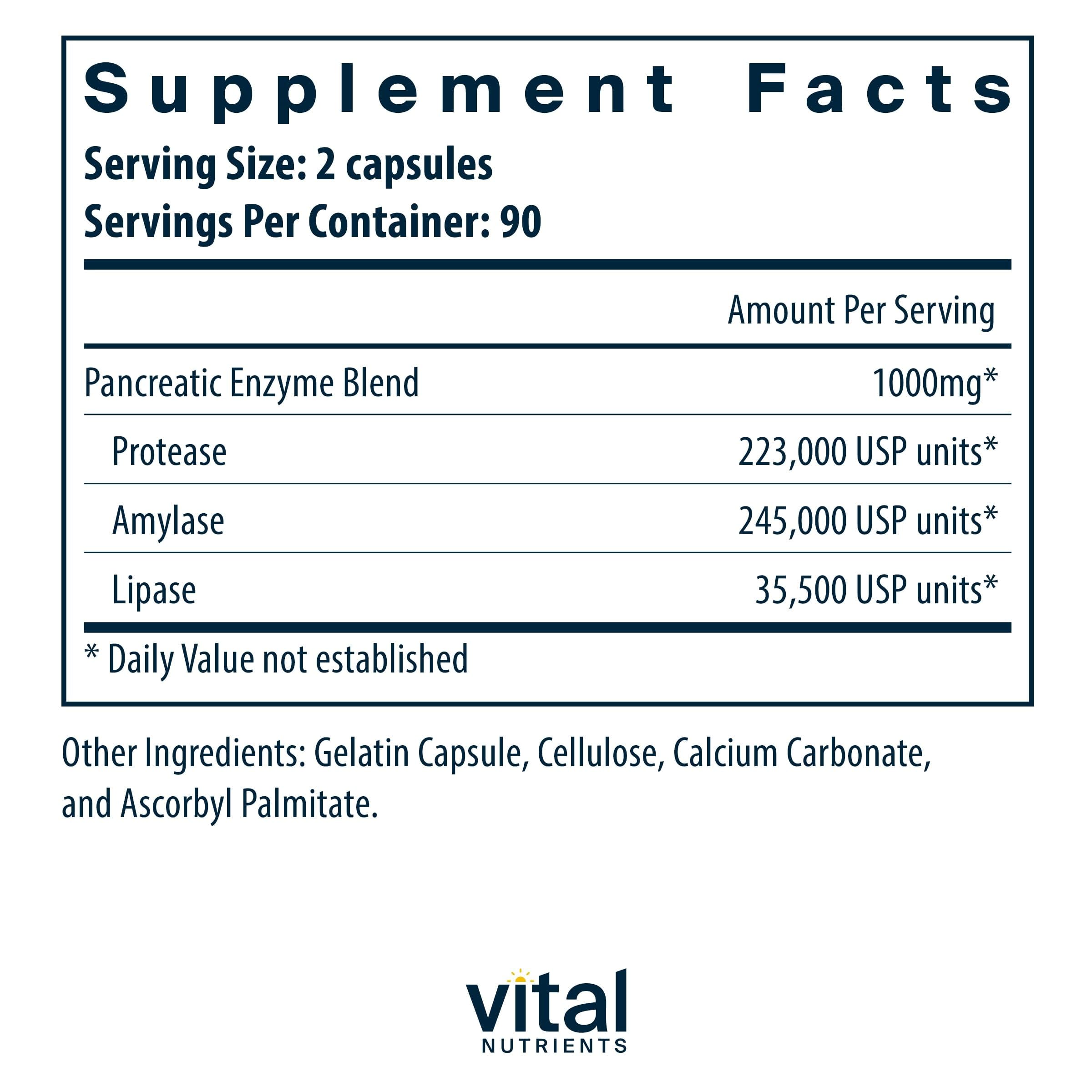 Vital Nutrients pancreatic enzymes ingredients panel showing protease lipase amylase
