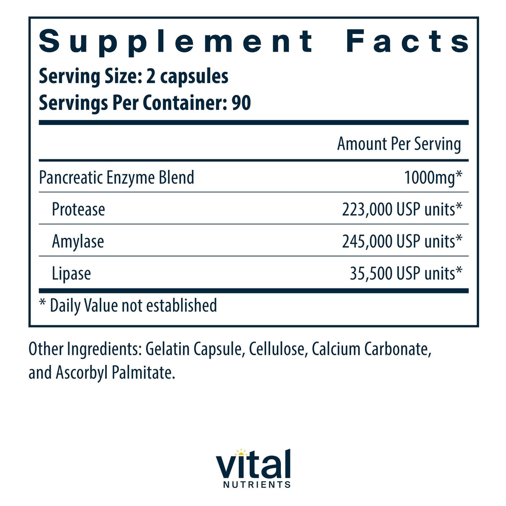 Vital Nutrients pancreatic enzymes ingredients panel showing protease lipase amylase