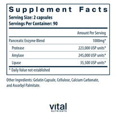 Vital Nutrients pancreatic enzymes ingredients panel showing protease lipase amylase