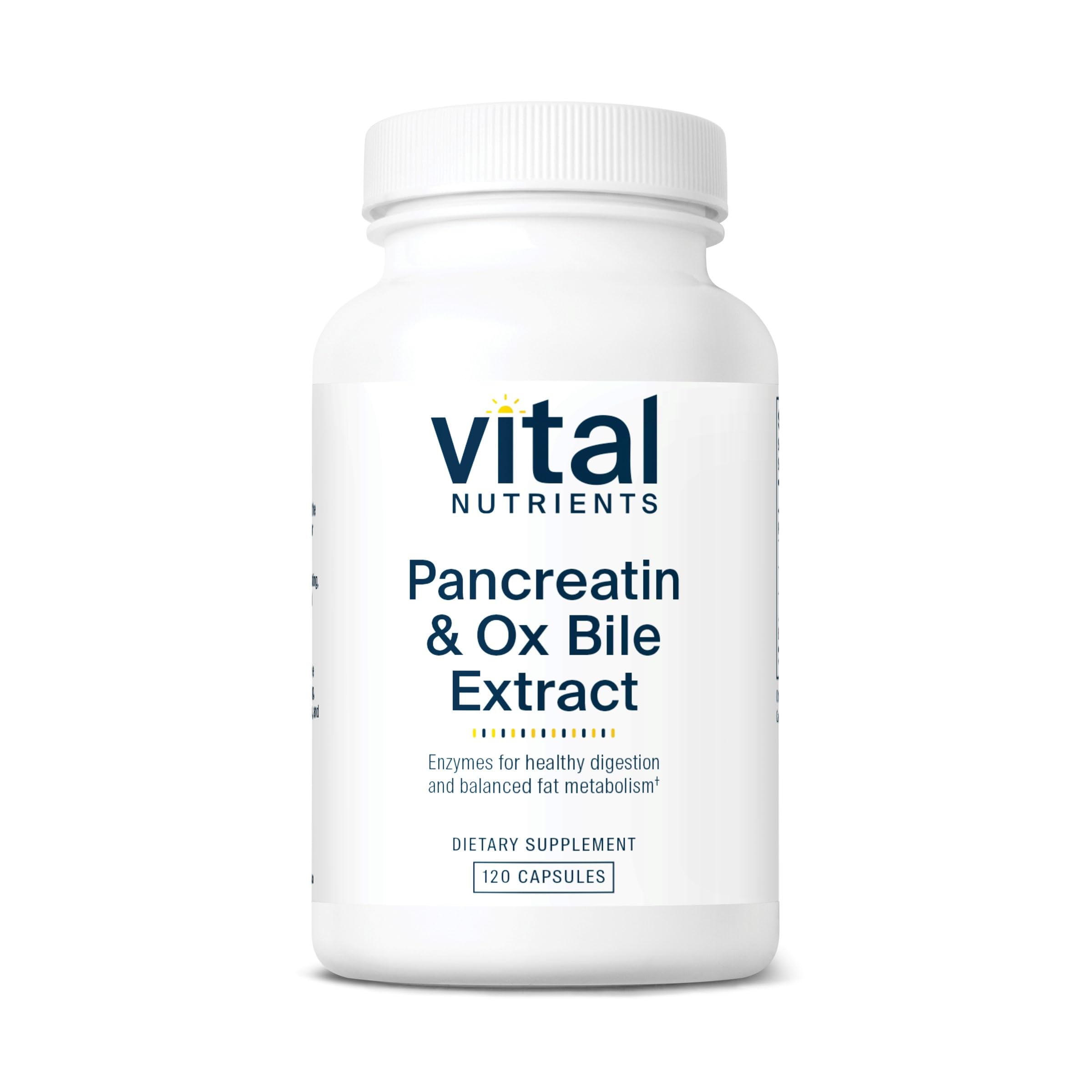 Vital Nutrients Pancreatin & Ox Bile Extract bottle front shows product branding and packaging for meals